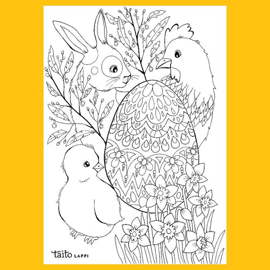 Pääsiäisen värityskuva, jossa pääsiäismuna, pupu, kana ja tipu - Taito Lappi